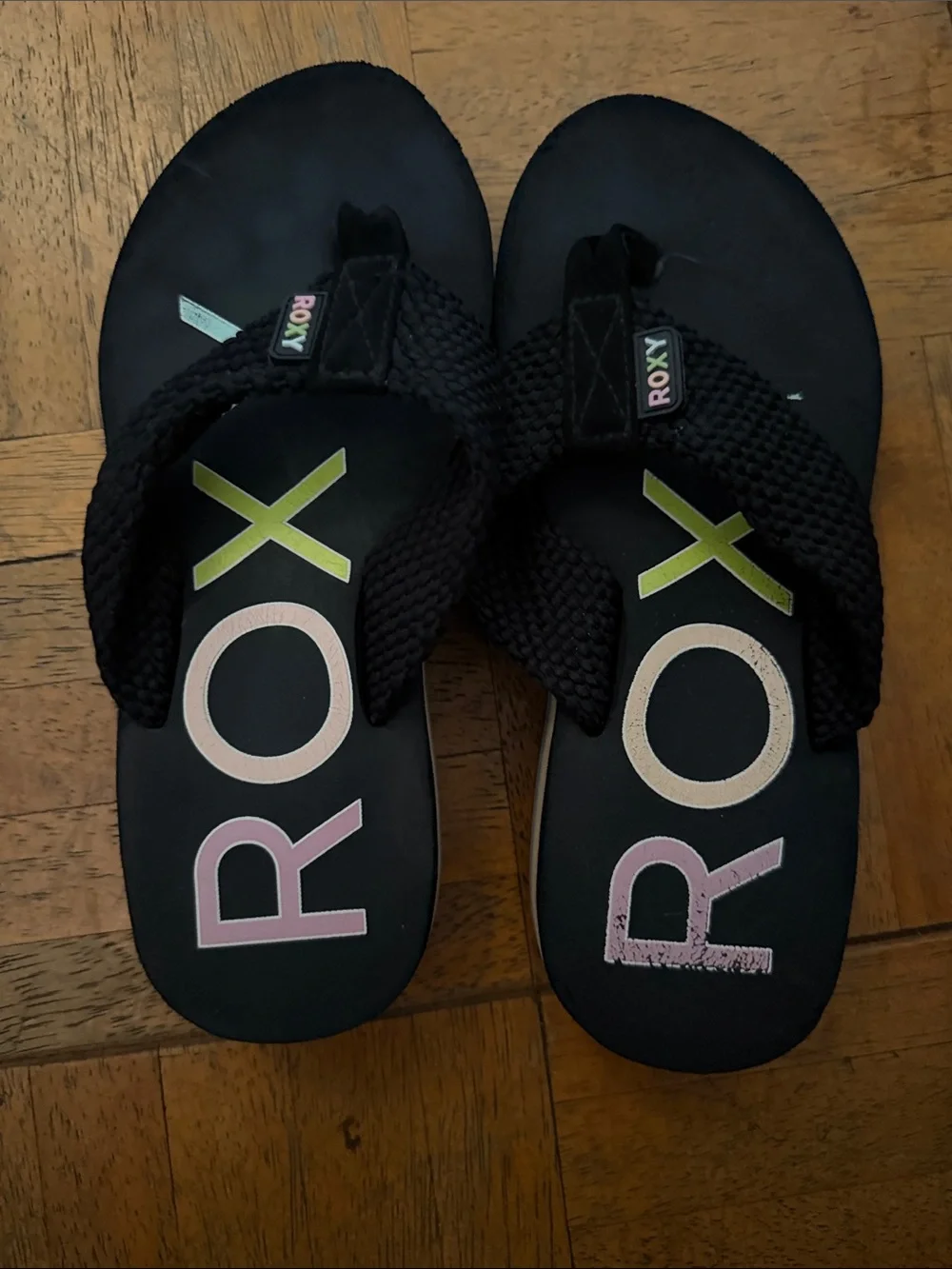 Roxy Kids Black Flip Flops with Pastel Logo